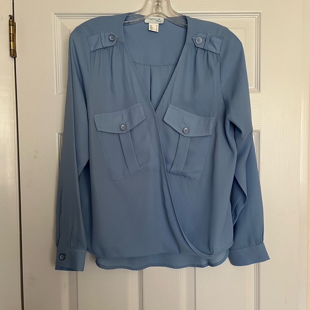 Blue Cuffed Sleeve Wrap Blouse
